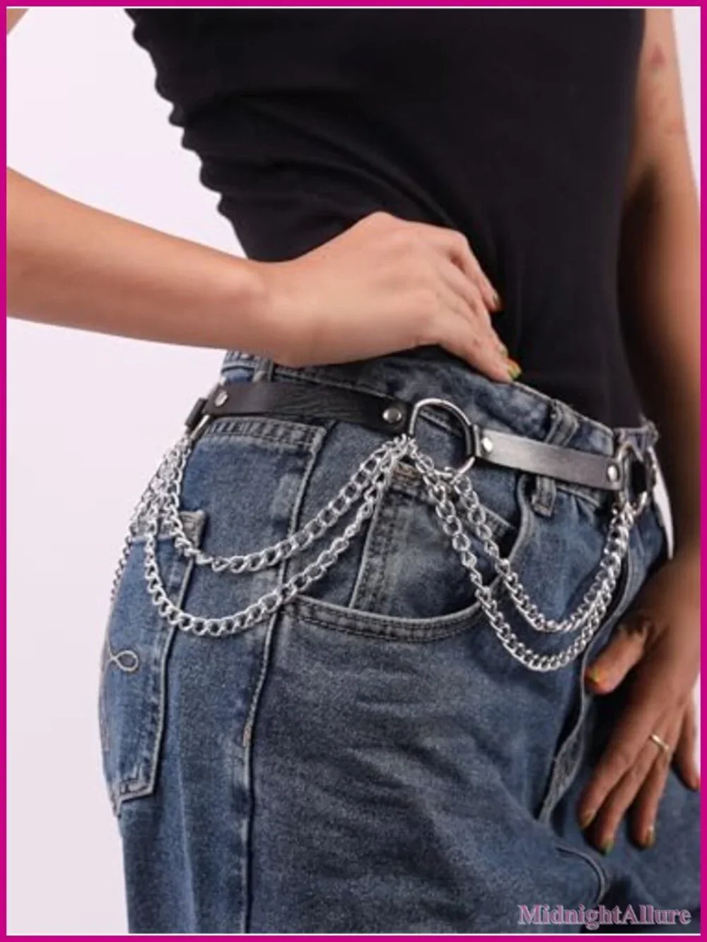 Goth Punk Emo Grunge PU Leather Waist Chain Belt Adjustable